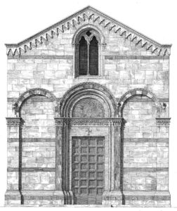 Incisione in bianco e nero della facciata romanica della Chiesa di Santa Giulia a Lucca, con portale centrale e bifora superiore.