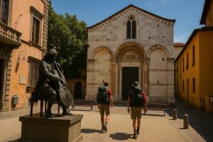 Facciata romanica della Chiesa di Santa Giulia a Lucca illuminata dal sole pomeridiano, simbolo del Cammino di Santa Giulia.