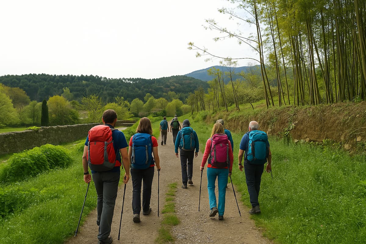 Pellegrino in cammino lungo un sentiero verde del Cammino di Santa Giulia, simbolo delle tappe da Livorno a Brescia.