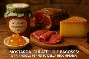 Mostarda Mantovana, Culatello di Zibello e Bagòss su tavolo rustico in cascina lombarda, simbolo della ricompensa del Cammino di Santa Giulia.