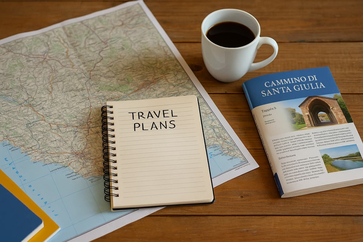 Tavolo di legno con mappa del Cammino di Santa Giulia, blocco di appunti e guida aperta, mentre una tazza di caffè accompagna la pianificazione del viaggio.