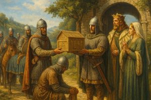 Illustrazione della traslazione delle reliquie di Santa Giulia nel 762, consegnate ai sovrani longobardi Desiderio e Ansa
