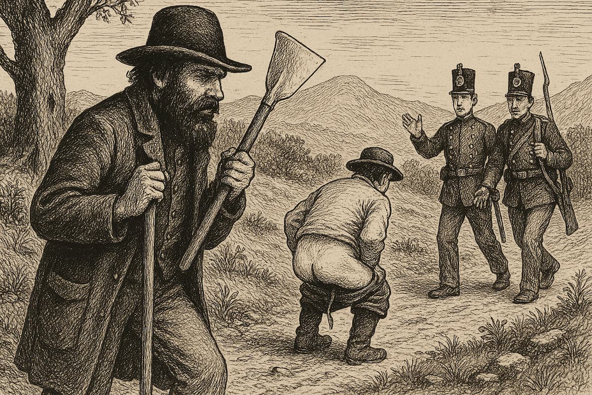 Incisione in bianco e nero che raffigura Barbanera accovacciato fingendo un urgente bisogno fisiologico mentre due gendarmi lo osservano senza sospettare che sia proprio lui il brigante ricercato.