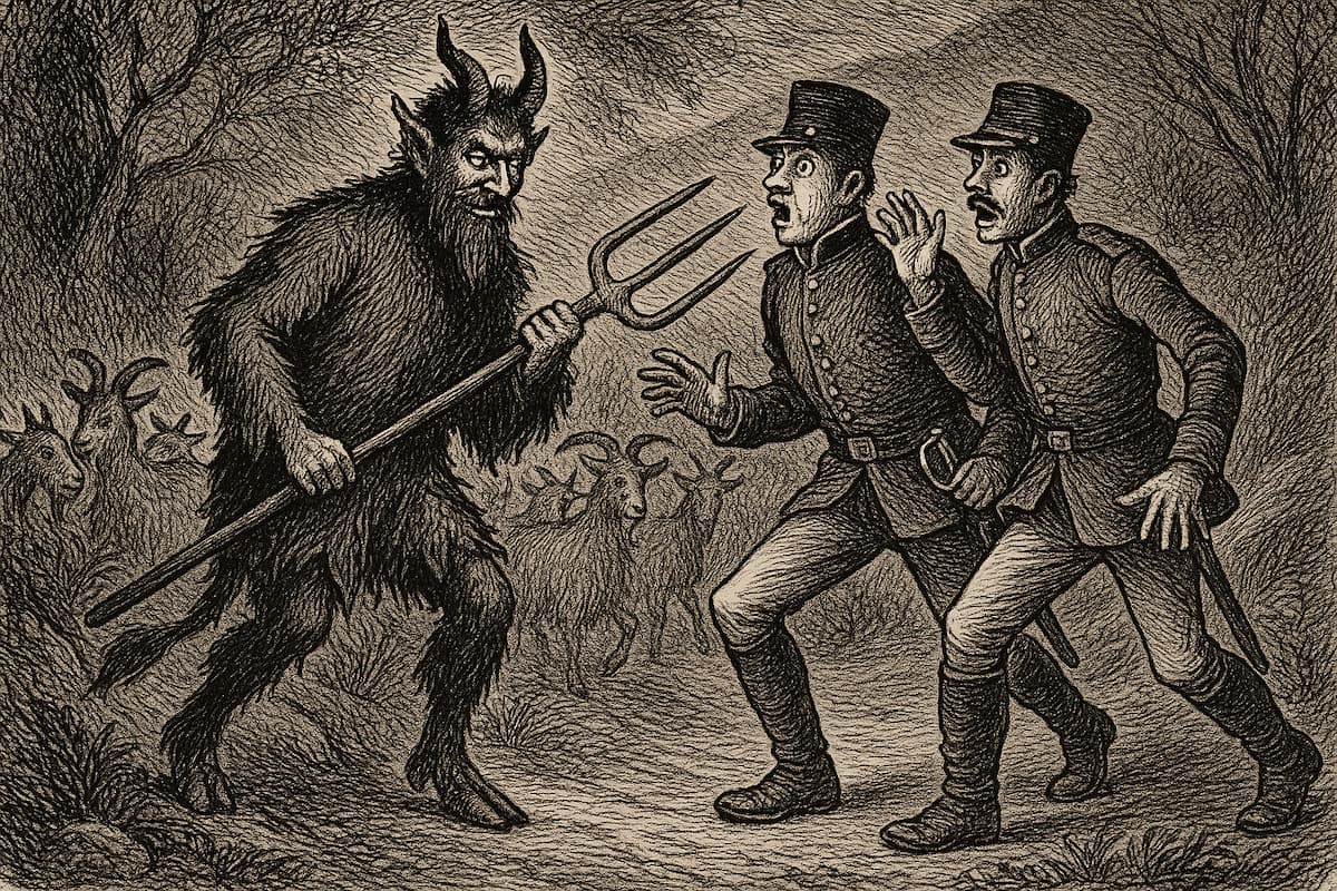 Incisione in bianco e nero che raffigura Barbanera travestito da diavolo con pelli di capra e un tridente, mentre spaventa due gendarmi tra un gregge di capre lungo un sentiero montano.