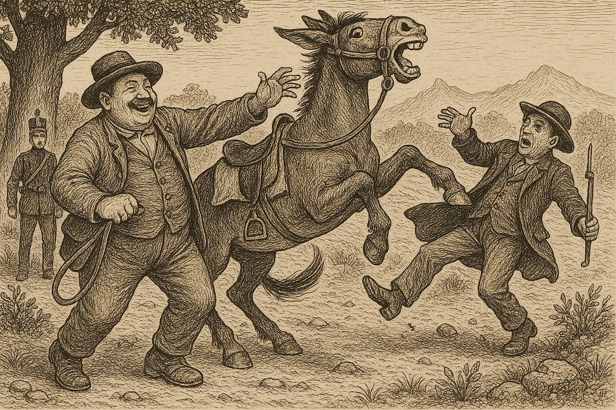 Illustrazione in stile ottocentesco che mostra la mula imbizzarrita mentre Barbanera provoca il solletico per depistare la Forza, con un gendarme sullo sfondo.