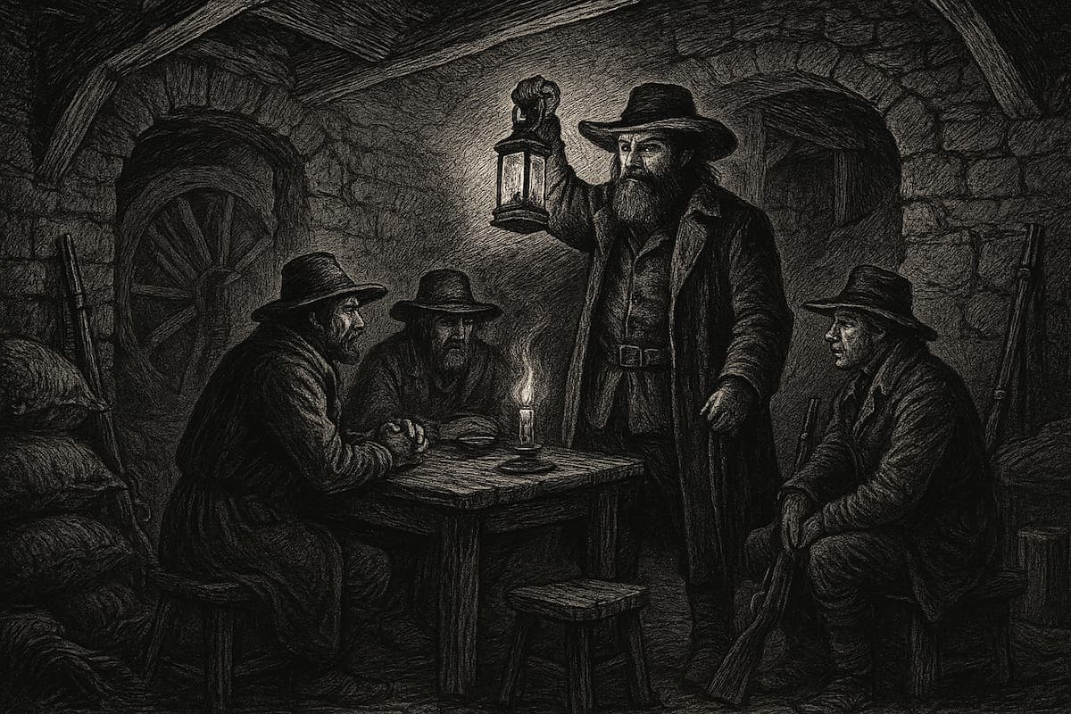 Incisione in bianco e nero che raffigura Barbanera mentre tiene una lanterna durante una riunione segreta con i suoi complici nel Mulino di Dolo, luogo simbolo delle attività della banda nei Monti di Villa.