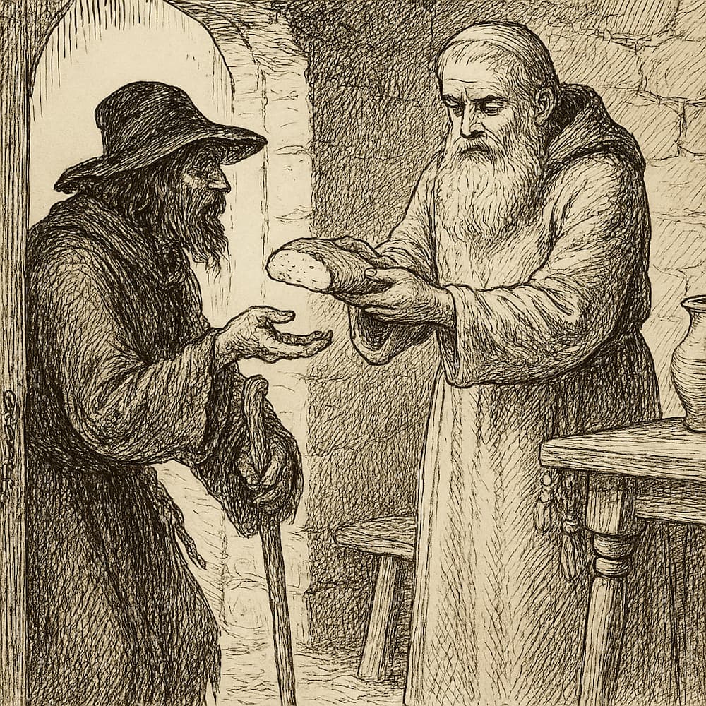 Incisione in bianco e nero che mostra il Romito di Sant’Anna mentre porge del pane a Barbanera, in una scena intima all’interno della sua cella di pietra.