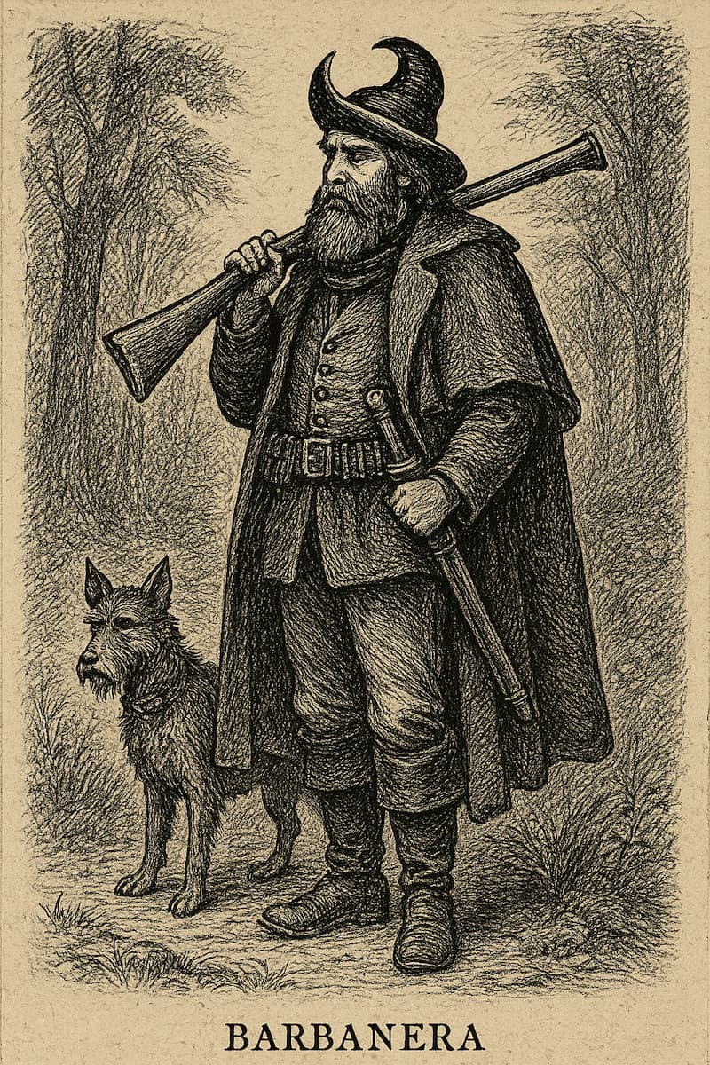 Incisione in bianco e nero che raffigura il brigante Barbanera dei Monti di Villa con il suo cane, in stile stampa antica ottocentesca.