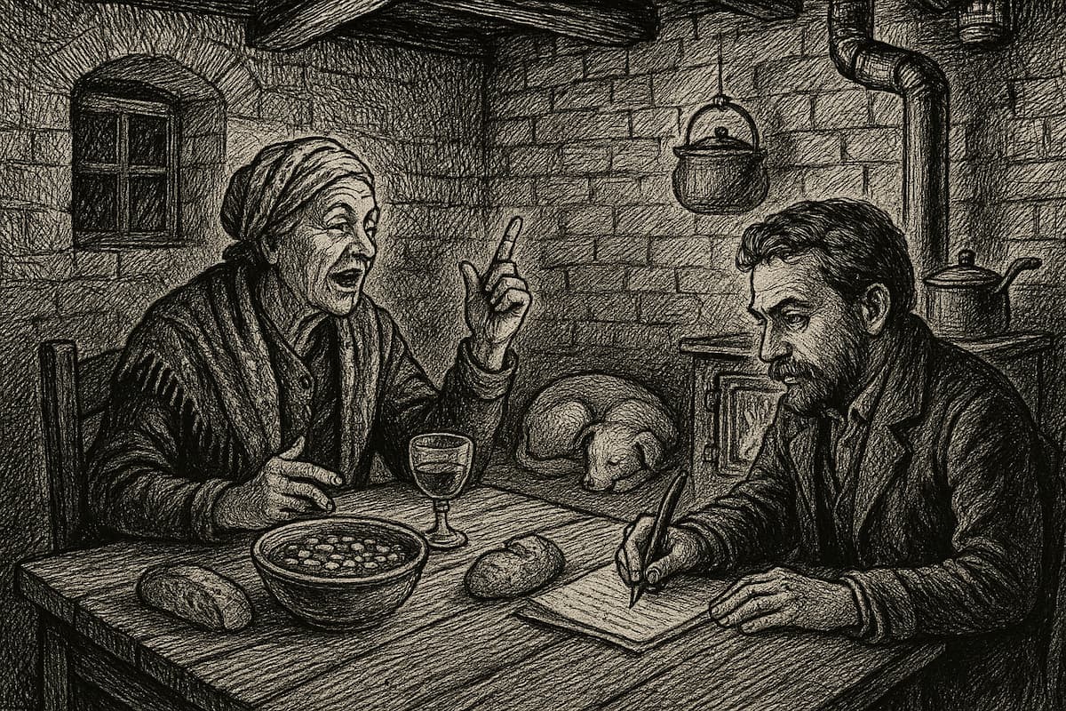 Illustrazione in bianco e nero in stile incisione ottocentesca che mostra Ombretta nella sua cucina montanara mentre racconta a Ferruccio la storia del brigante Barbanera, con Duccio che dorme vicino alla stufa.