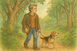 Illustrazione in stile acquerello di Ferruccio Della Torre che cammina nel bosco insieme al cane Duccio sul Prato Fiorito.