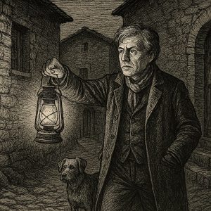 Illustrazione in bianco e nero di Ferruccio Della Torre con una lanterna in un vicolo di pietra al crepuscolo, insieme al cane Duccio, in cerca di tracce del brigante Barbanera.