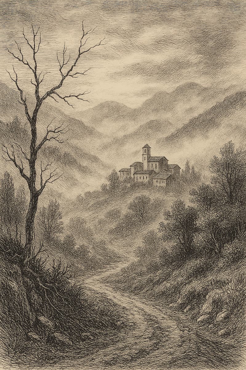 Incisione in bianco e nero che raffigura un paesaggio nebbioso dei Monti di Villa con un sentiero tortuoso, un albero spoglio in primo piano e un borgo montano avvolto nella foschia.