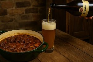Stufato di manzo alla birra scura servito in casseruola con birra artigianale versata in un bicchiere, fotografia rustica per Cammino Gourmet.
