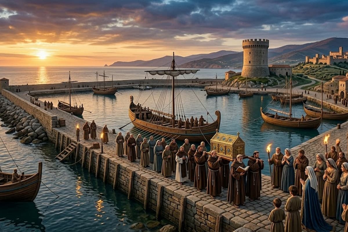 Rappresentazione dei Longobardi a Brescia nel 762 con la regina Ansa e re Desiderio davanti al Monastero di San Salvatore durante la traslazione delle reliquie di Santa Giulia.