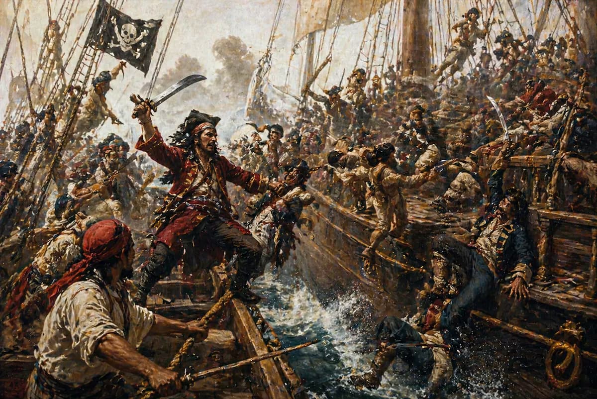 Scena di arrembaggio corsaro tra velieri nel Mediterraneo in epoca medicea con combattimento sul ponte