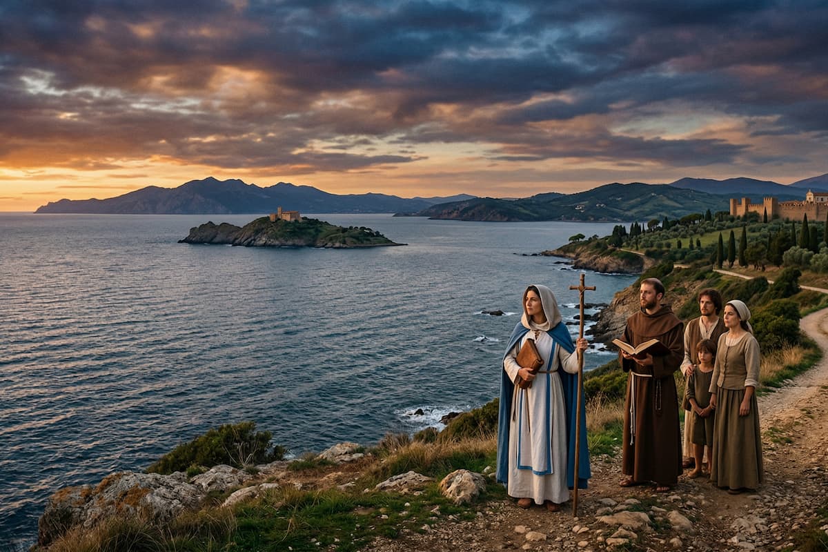 Illustrazione evocativa del Cammino di Santa Giulia con una figura femminile sacra su una scogliera mediterranea, vista dell'isola di Gorgona e profili costieri della Corsica e dell'Italia al tramonto.