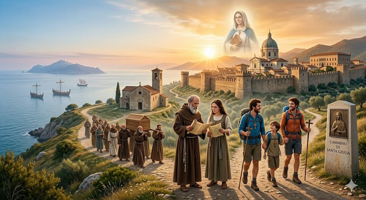 Composizione simbolica del Cammino di Santa Giulia: pellegrini moderni con zaini camminano accanto a monaci medievali che trasportano reliquie. Sullo sfondo, una fusione di paesaggi tra mare e la città murata di Brescia al tramonto.