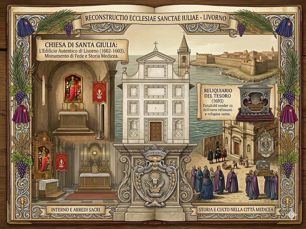 Illustrazione artistica della facciata autentica della Chiesa di Santa Giulia a Livorno, circondata da interni sacri, il reliquiario del 1693 e scene di devozione medicea.
