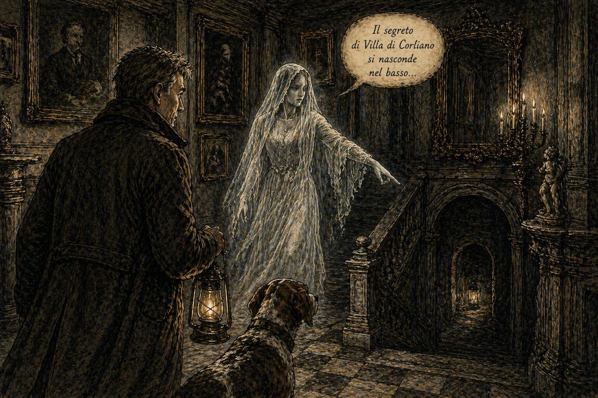 Ferruccio Della Torre e il segugio Duccio osservano Teresa indicare la discesa ai sotterranei di Villa di Corliano.