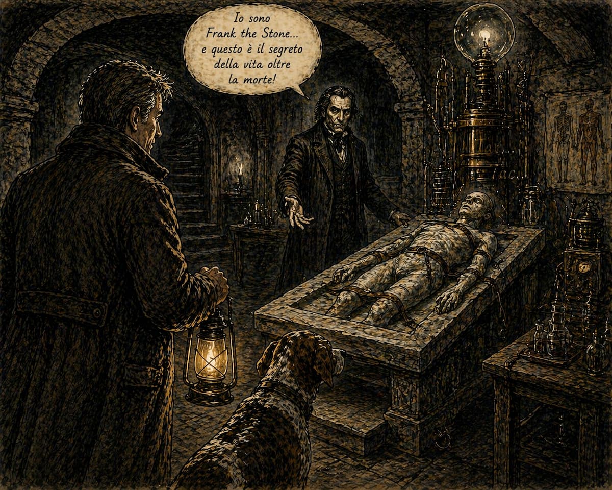 Ferruccio Della Torre e Duccio nei sotterranei di Villa di Corliano incontrano Frank the Stone accanto alla sua macchina galvanica.