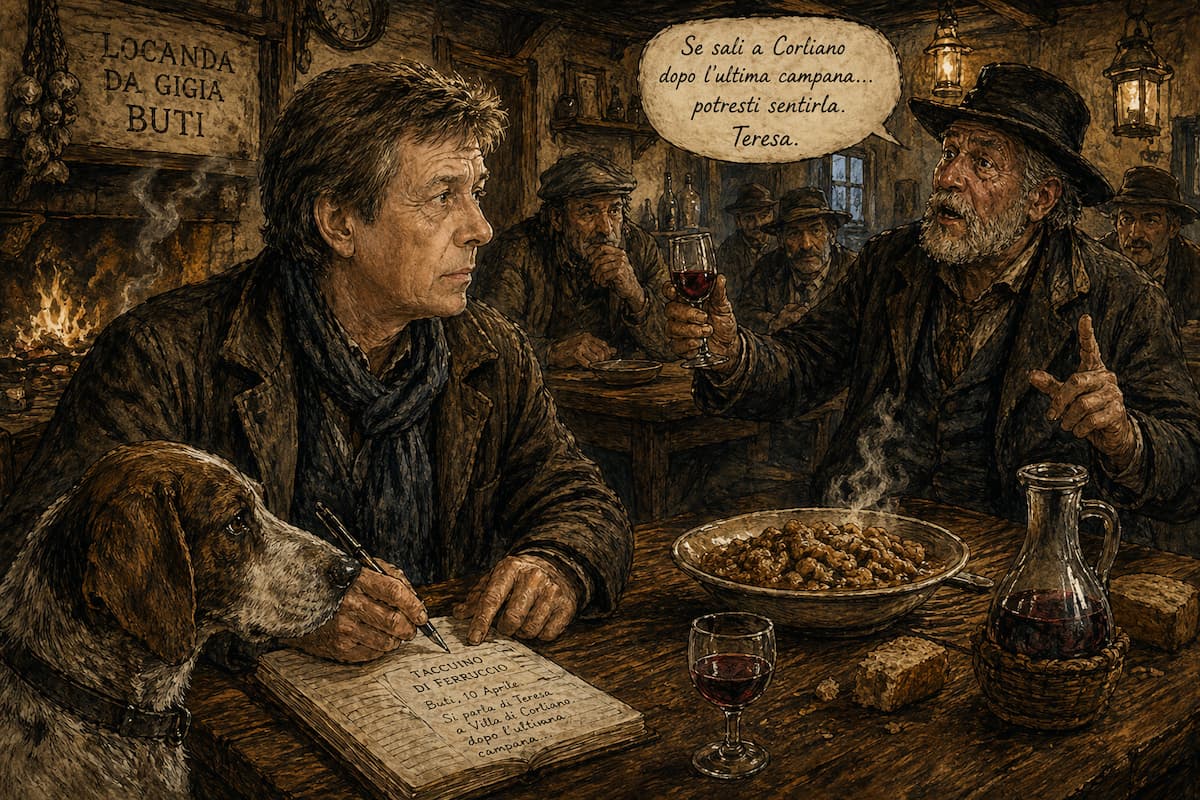 Ferruccio Della Torre e il segugio Duccio nella locanda di Buti ascoltano il racconto sul fantasma di Teresa di Villa di Corliano.