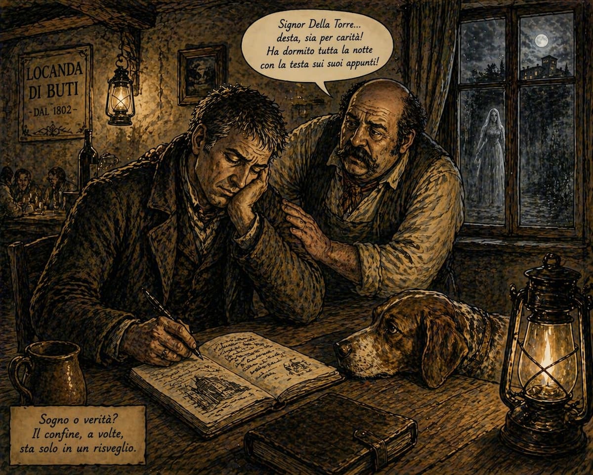 Ferruccio Della Torre si risveglia alla locanda di Buti con Duccio accanto mentre l’oste lo scuote e una figura misteriosa appare alla finestra.