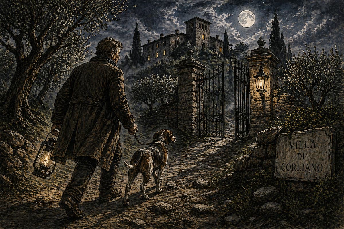 Ferruccio Della Torre e il segugio Duccio salgono di notte verso Villa di Corliano con una lanterna tra olivi e muri a secco.