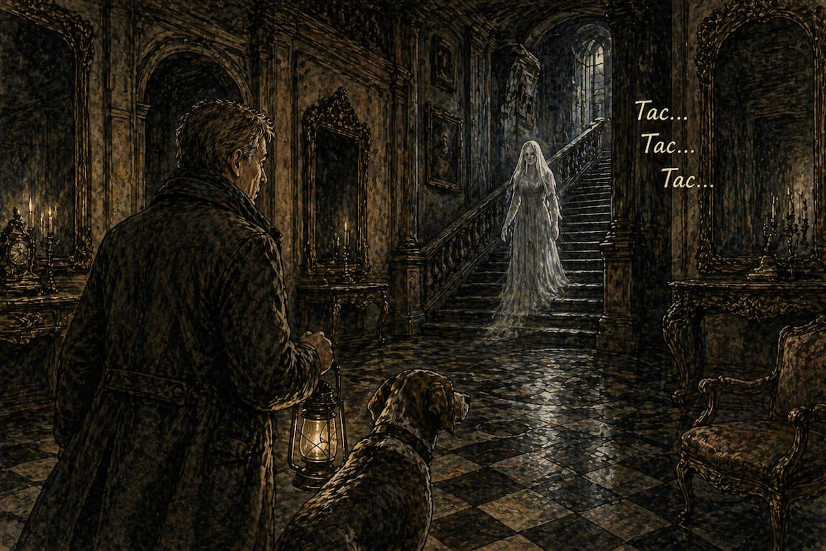 Ferruccio Della Torre e il segugio Duccio osservano il fantasma di Teresa apparire sulla scala d’onore di Villa di Corliano.