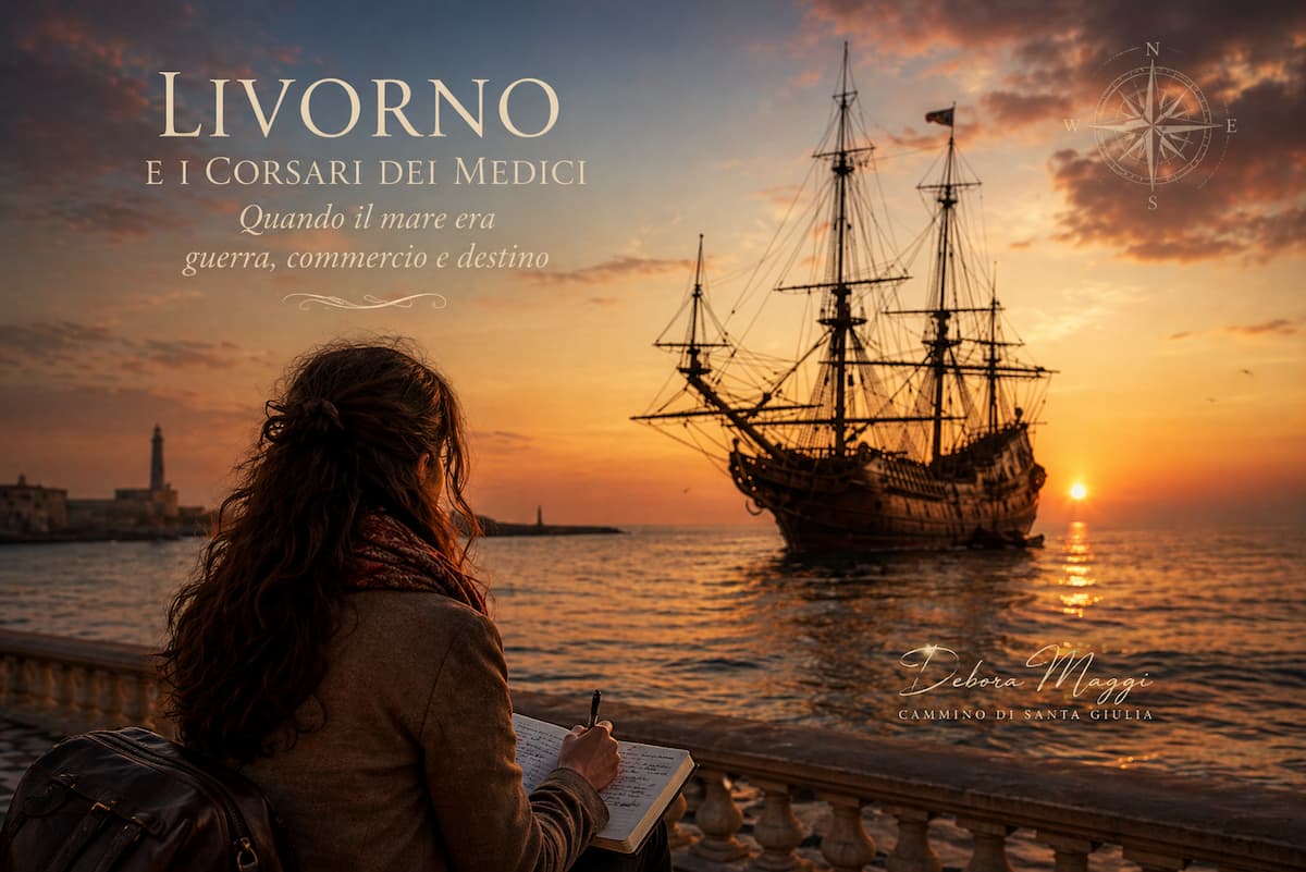 Illustrazione evocativa del Cammino di Santa Giulia con una figura femminile sacra su una scogliera mediterranea, vista dell'isola di Gorgona e profili costieri della Corsica e dell'Italia al tramonto.