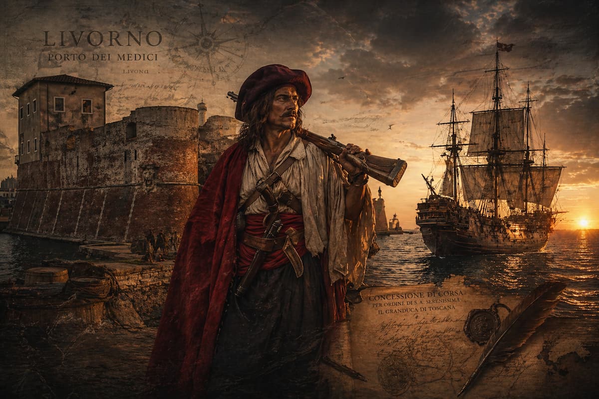 Corsaro in primo piano con Fortezza Vecchia di Livorno e veliero al tramonto, rappresentazione della storia dei corsari dei Medici