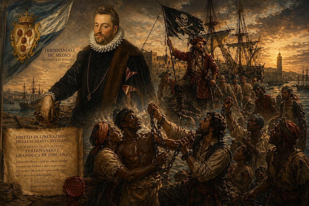 Ferdinando I de' Medici nel porto di Livorno con corsari e liberazione di schiavi in epoca medicea