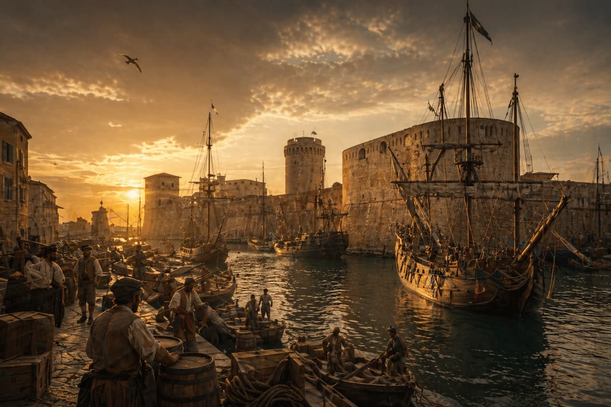Ricostruzione storica del porto di Livorno all'epoca dei corsari dei Medici con velieri e attività marittima al tramonto