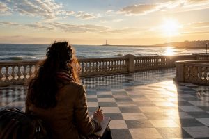 Debora Maggi di spalle alla Terrazza Mascagni di Livorno che osserva il mare e scrive appunti sul Cammino di Santa Giulia
