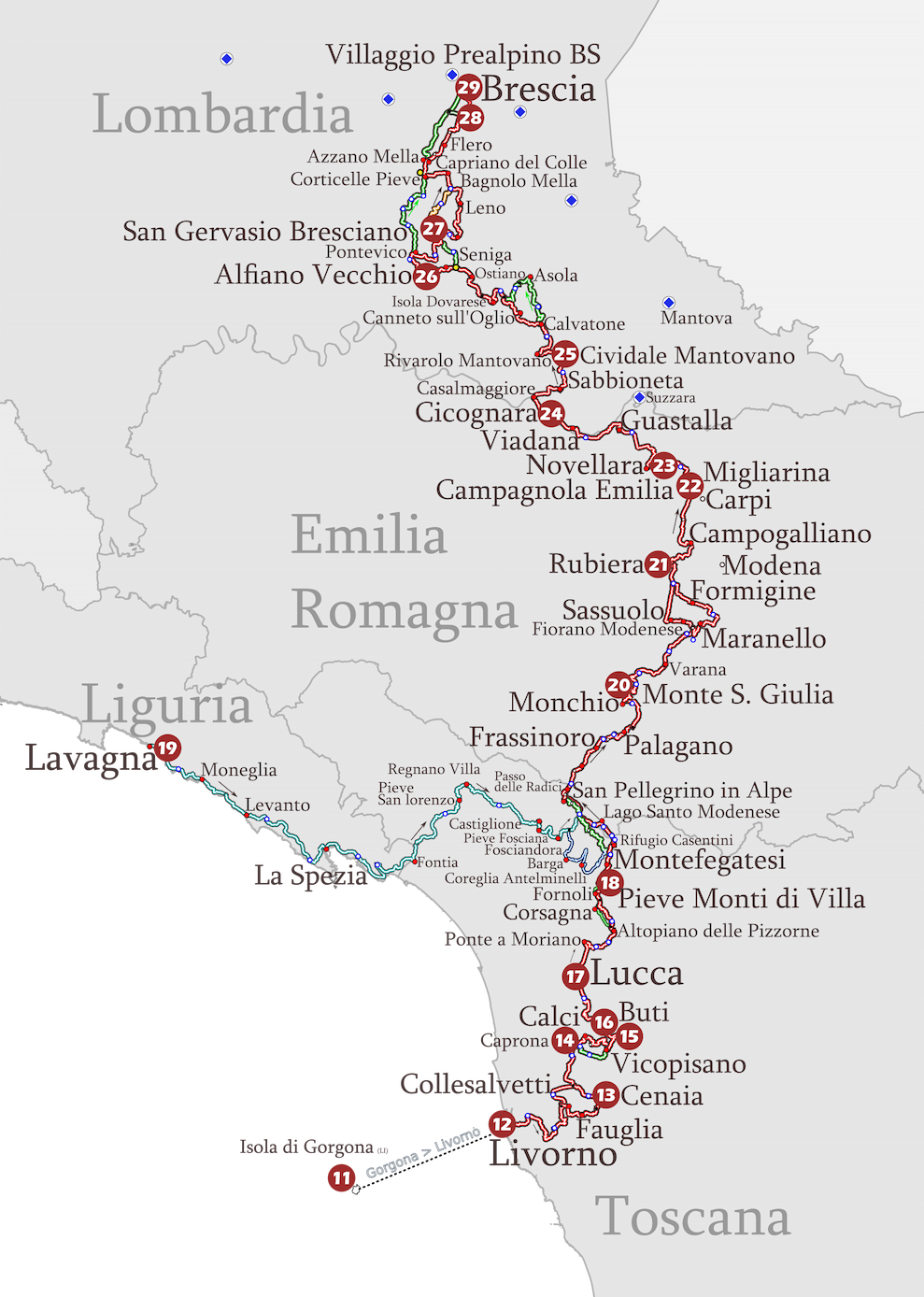 Mappa del Cammino di Santa Giulia in Italia con il tracciato principale da Livorno a Brescia attraverso Toscana, Emilia-Romagna e Lombardia.
