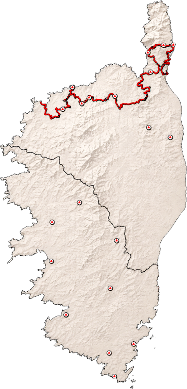 Mappa di U Chjassu di Santa Ghjulia in Corsica con tracciato del cammino evidenziato in rosso e rilievi montani dell’isola.