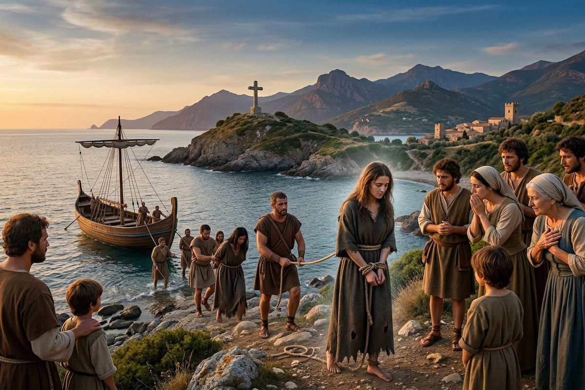 Illustrazione storica di Santa Giulia con le mani legate condotta lungo la costa della Corsica da guardie romane, con un antico veliero ormeggiato in una baia e il borgo di Nonza sullo sfondo al tramonto.