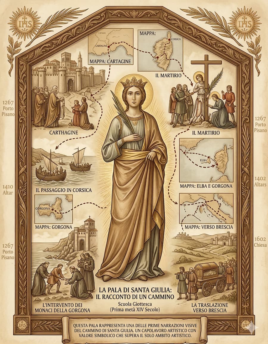 Illustrazione didattica della Pala di Santa Giulia di Livorno con mappe e scene narrative: Cartagine, Corsica, Gorgona e la traslazione a Brescia.