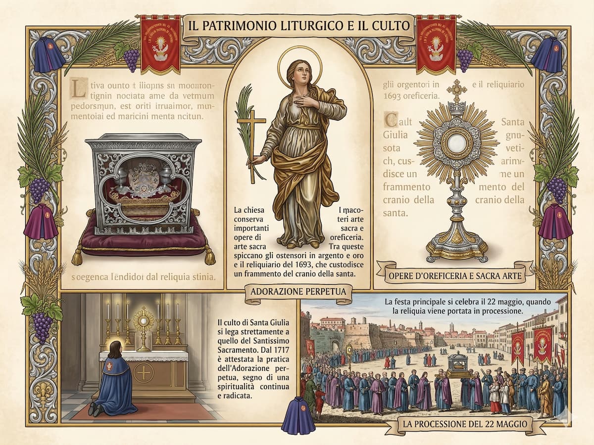 Infografica che mostra il reliquiario del 1693, un ostensorio in argento, un confratello in adorazione e la processione del 22 maggio a Livorno.
