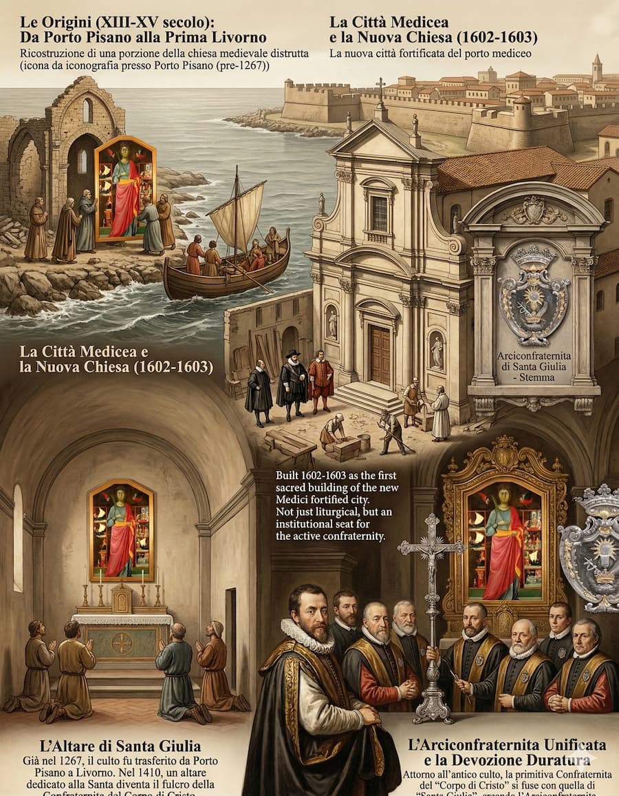 Infografica artistica che illustra l'evoluzione del culto di Santa Giulia: dalla distruzione della chiesa a Porto Pisano (1267) alla costruzione della chiesa di Santa Giulia a Livorno (1602) per volontà dei Medici.