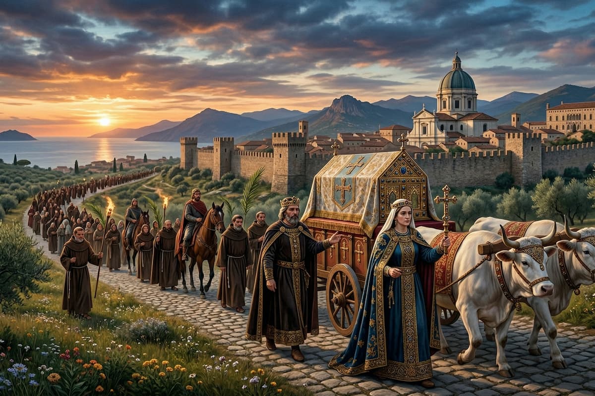 Processione medievale solenne con un carro trainato da buoi che trasporta un reliquiario dorato verso le mura di Brescia. Figure reali in abiti longobardi e monaci in cammino in un paesaggio collinare al tramonto.