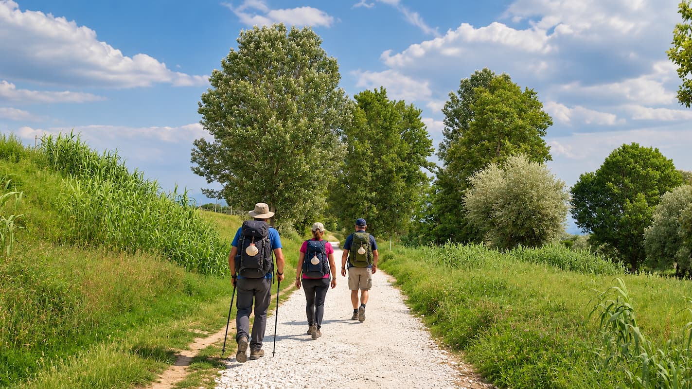 Tre pellegrini percorrono la strada sterrata sull'argine dello Scolmatore dell'Arno durante la Tappa 3 del Cammino di Santa Giulia da Collesalvetti a Caprona.