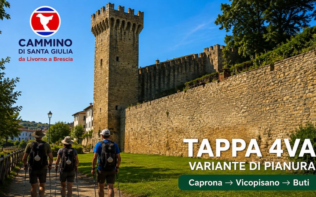 Pellegrini del Cammino di Santa Giulia raggiungono la Rocca del Brunelleschi a Vicopisano lungo la Tappa 004VA V26, variante di pianura da Caprona a Buti.