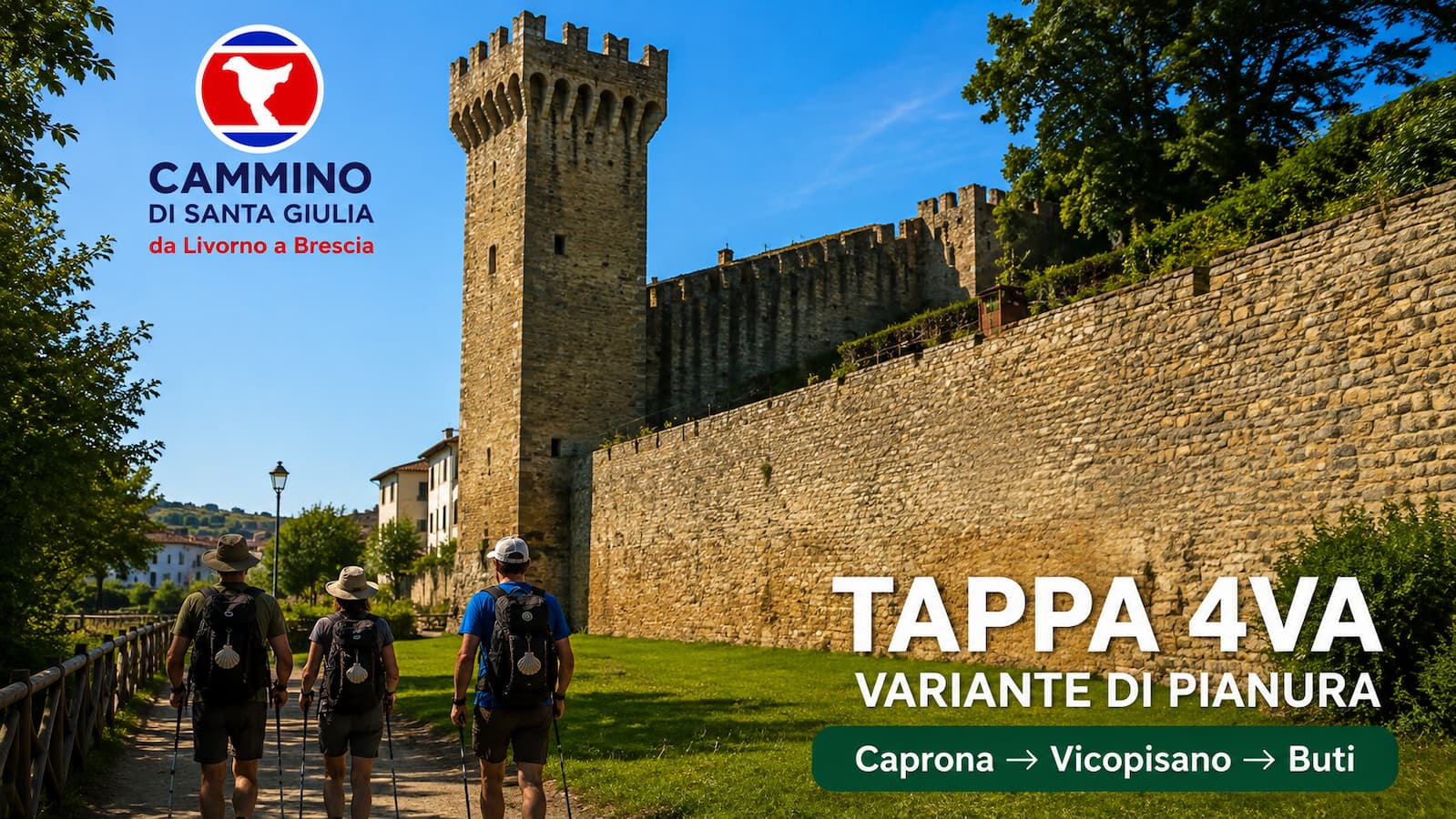 Pellegrini del Cammino di Santa Giulia raggiungono la Rocca del Brunelleschi a Vicopisano lungo la Tappa 004VA V26, variante di pianura da Caprona a Buti.